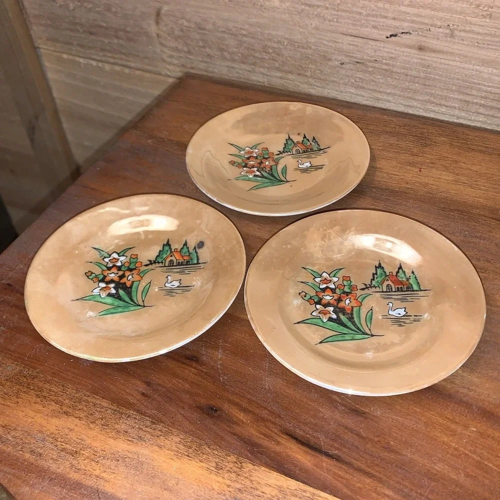 VTG Miniature Child Tea Set Pearlescent Lusterware Japan Flowers Swan House 11pc
